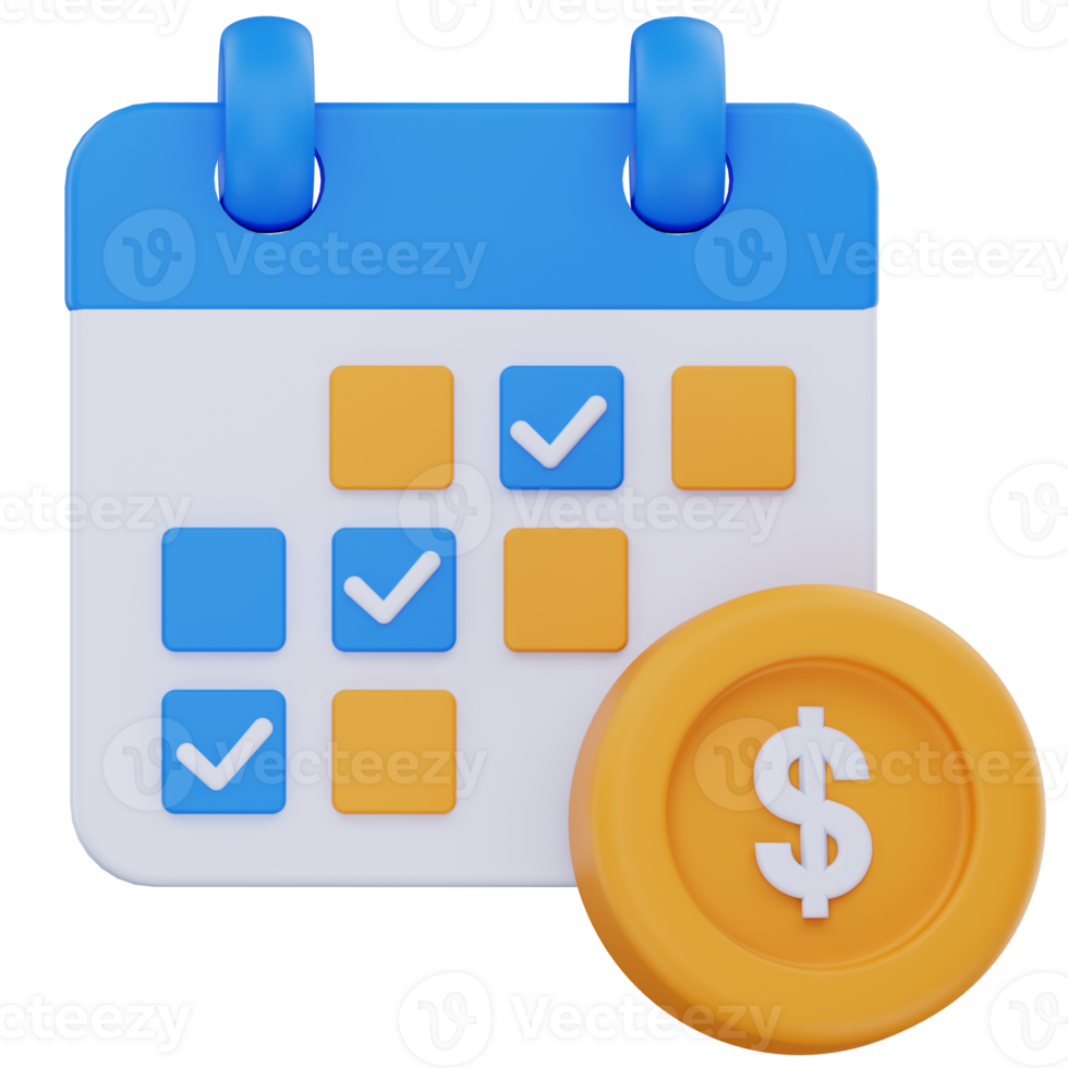 3D illustration of a calendar with checkmarks and a dollar coin, symbolizing scheduled payments, recurring billing, or planned financial transactions within a set timeframe. png
