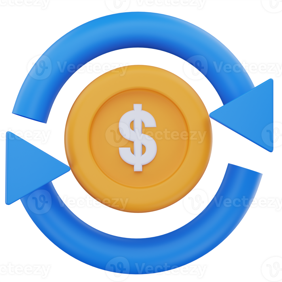 3D illustration of a yellow dollar coin surrounded by a circular blue arrow, symbolizing recurring payments, automatic billing cycles, or subscription-based financial transactions. png