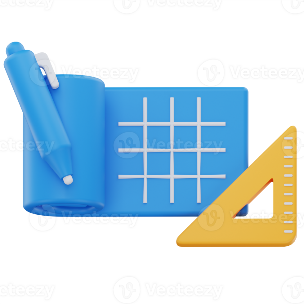 3D illustration of a rolled-out blueprint with a pen and a triangular ruler, symbolizing design, planning, or architectural drafting in a modern, minimal style. png