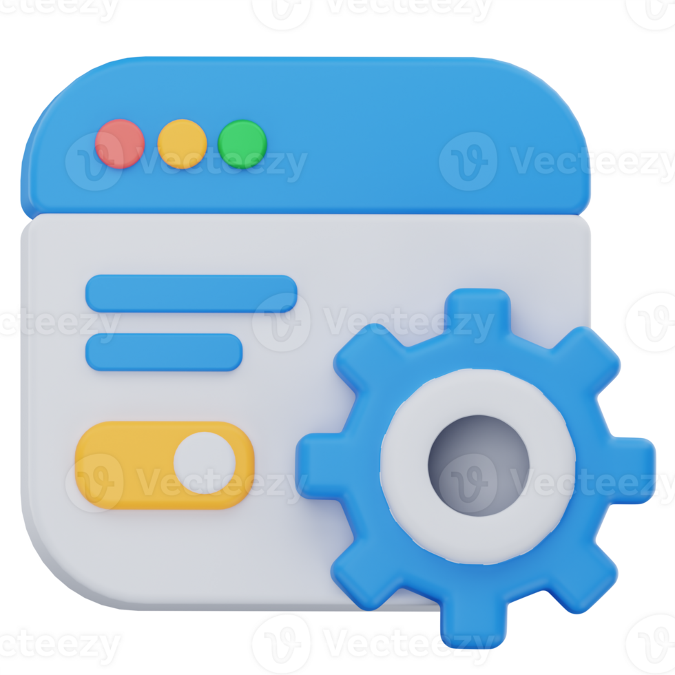 3D illustration of a web application interface with a large blue gear symbolizing settings or customization. Bright, rounded icons give it a modern, minimal design. png