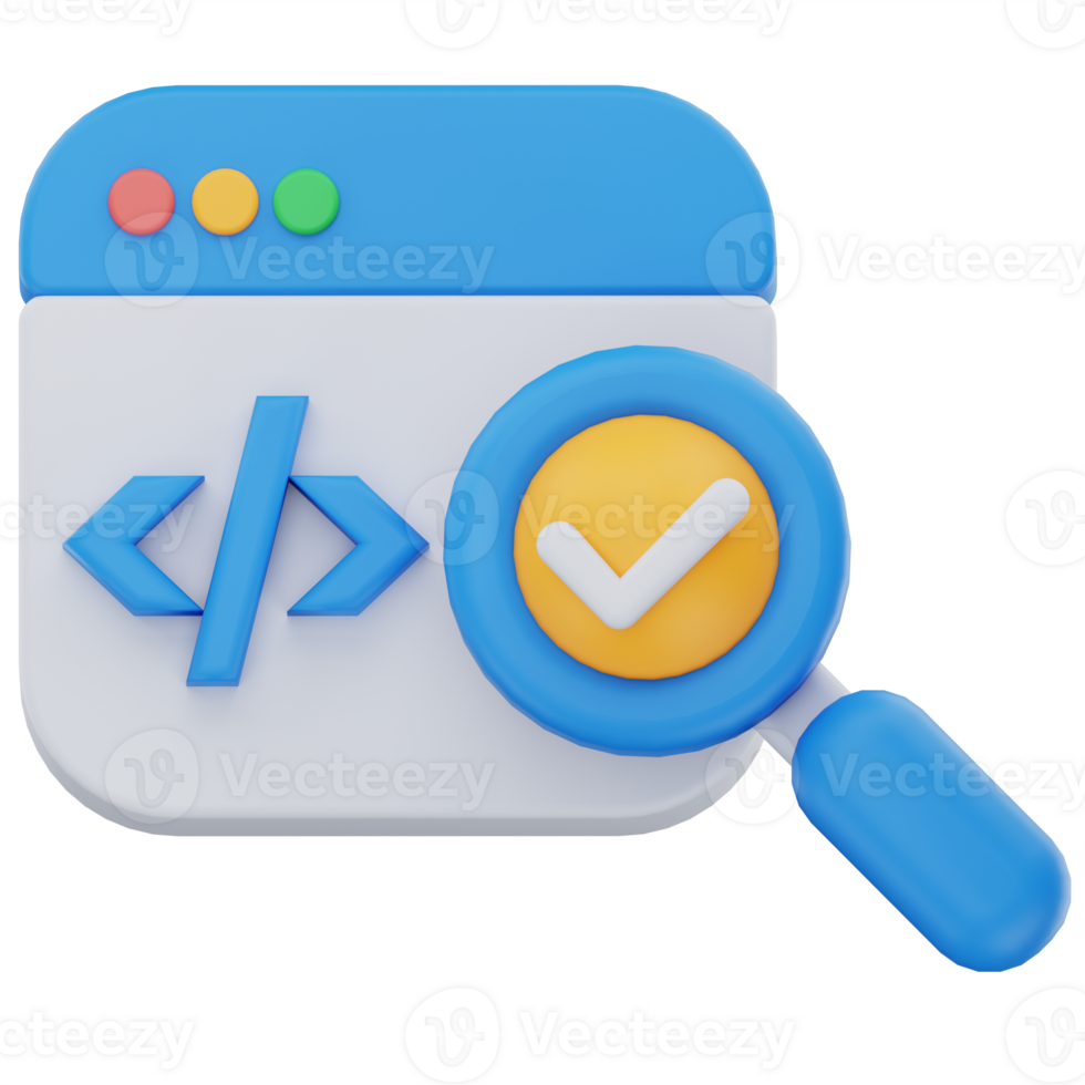 3D illustration of a browser window with HTML code brackets and a magnifying glass showing a checkmark, symbolizing software testing, code validation, or quality assurance. png