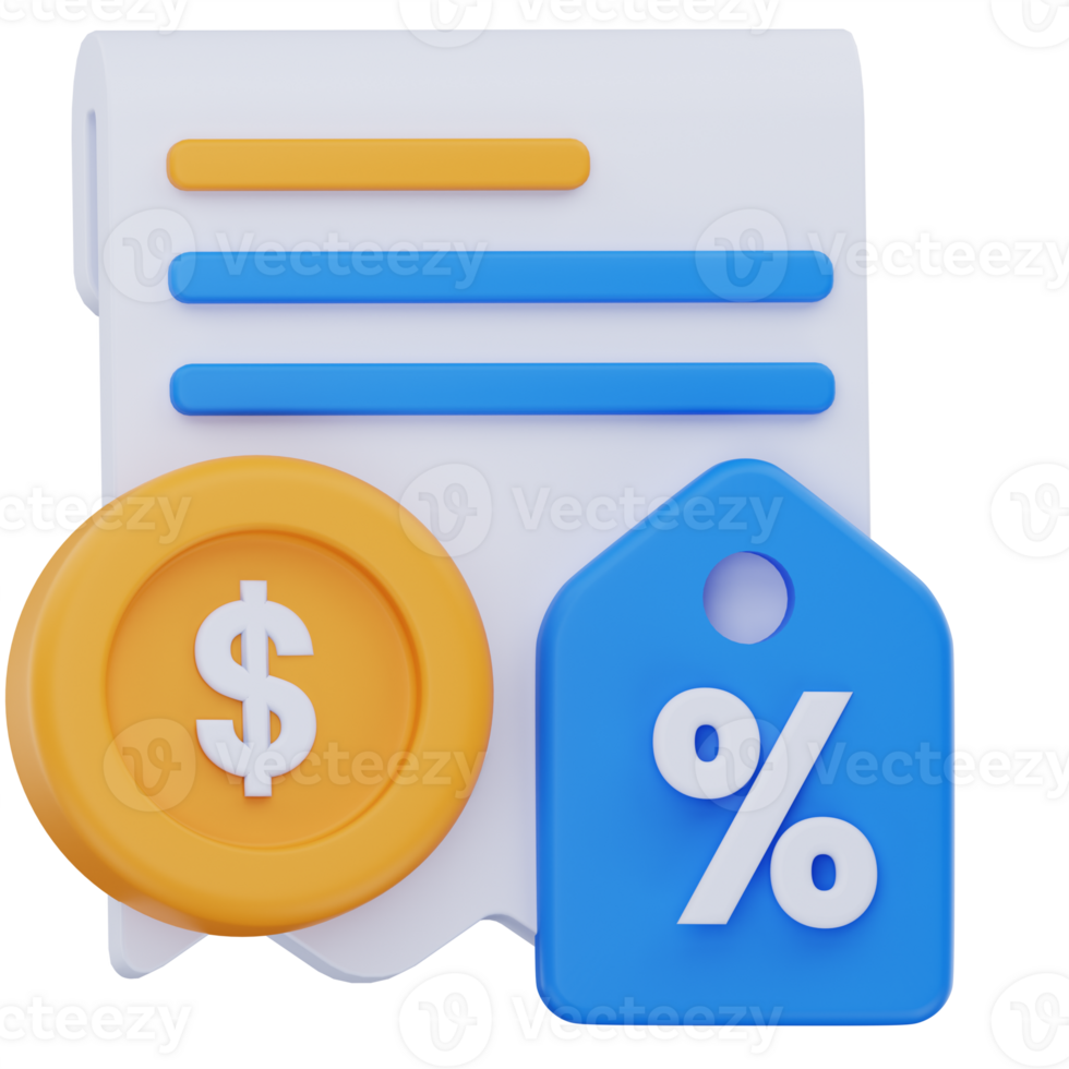 3D illustration of a receipt with a dollar coin and blue discount tag showing a percentage symbol, representing payment with promotional offers, deals, or financial discounts. png
