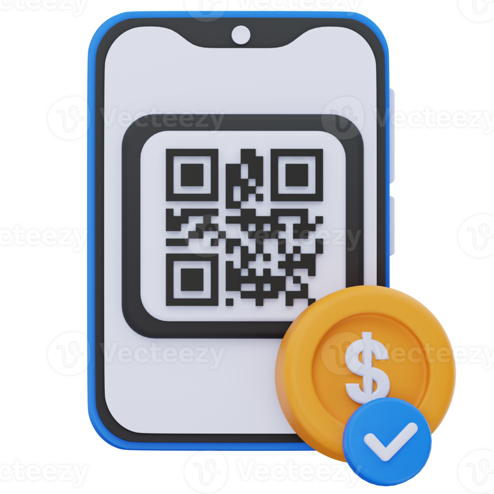 3D illustration of a smartphone displaying a QR code for mobile payment, with a dollar coin and blue checkmark icon, symbolizing secure and successful digital transaction. png