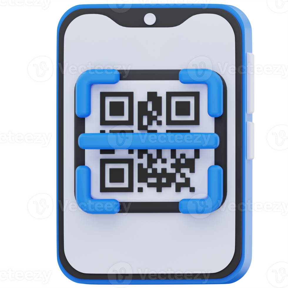 3D illustration of a smartphone actively scanning a QR code, framed with blue scanning brackets, representing a contactless payment, digital access, or mobile authentication process. png