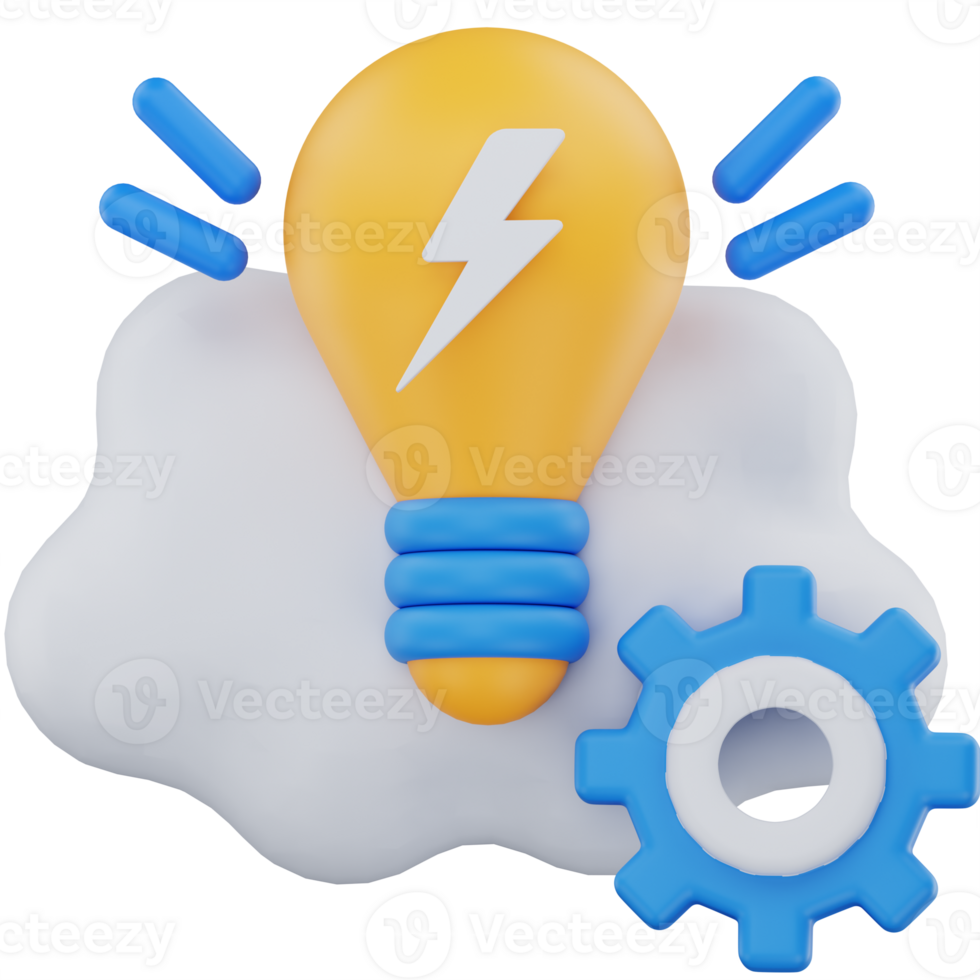 3D illustration of a lightbulb with a lightning bolt, cloud background, and gear symbolizing creative brainstorming, innovation, and idea generation in a tech context. png