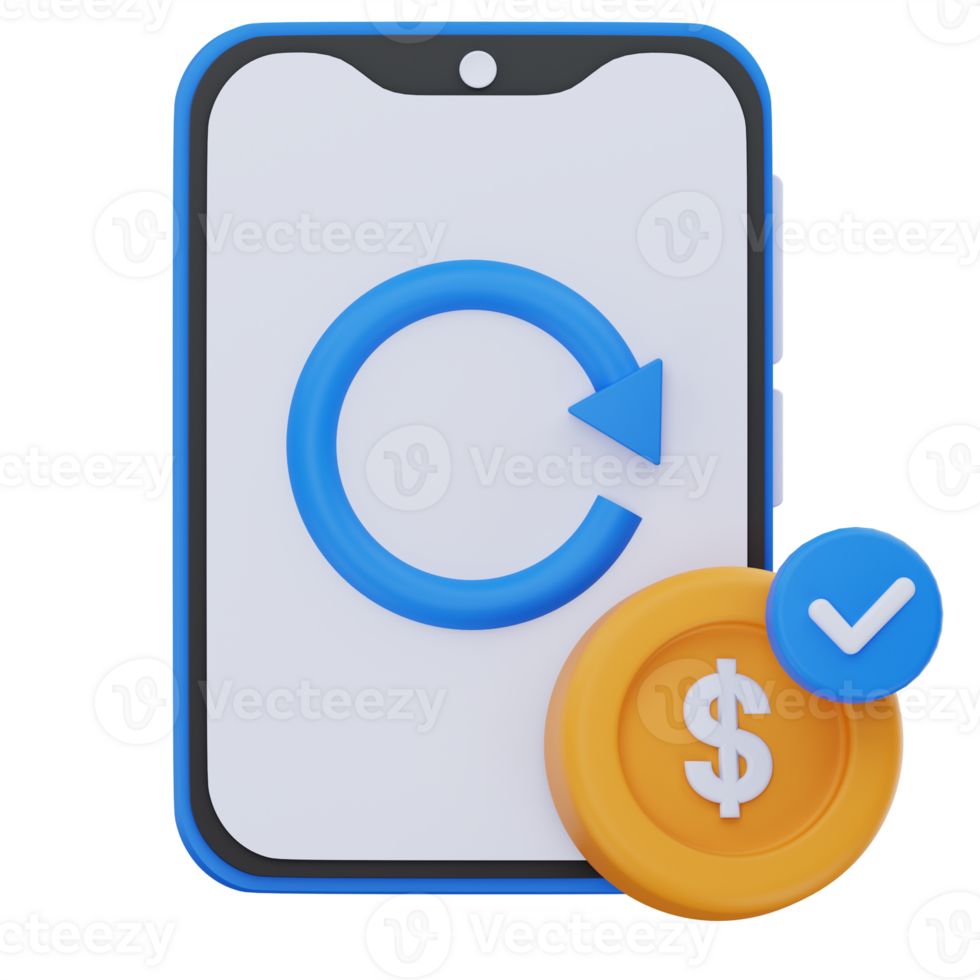 3D illustration of a smartphone with a circular arrow and dollar coin with a checkmark, symbolizing a completed digital payment transaction or successful fund transfer. png