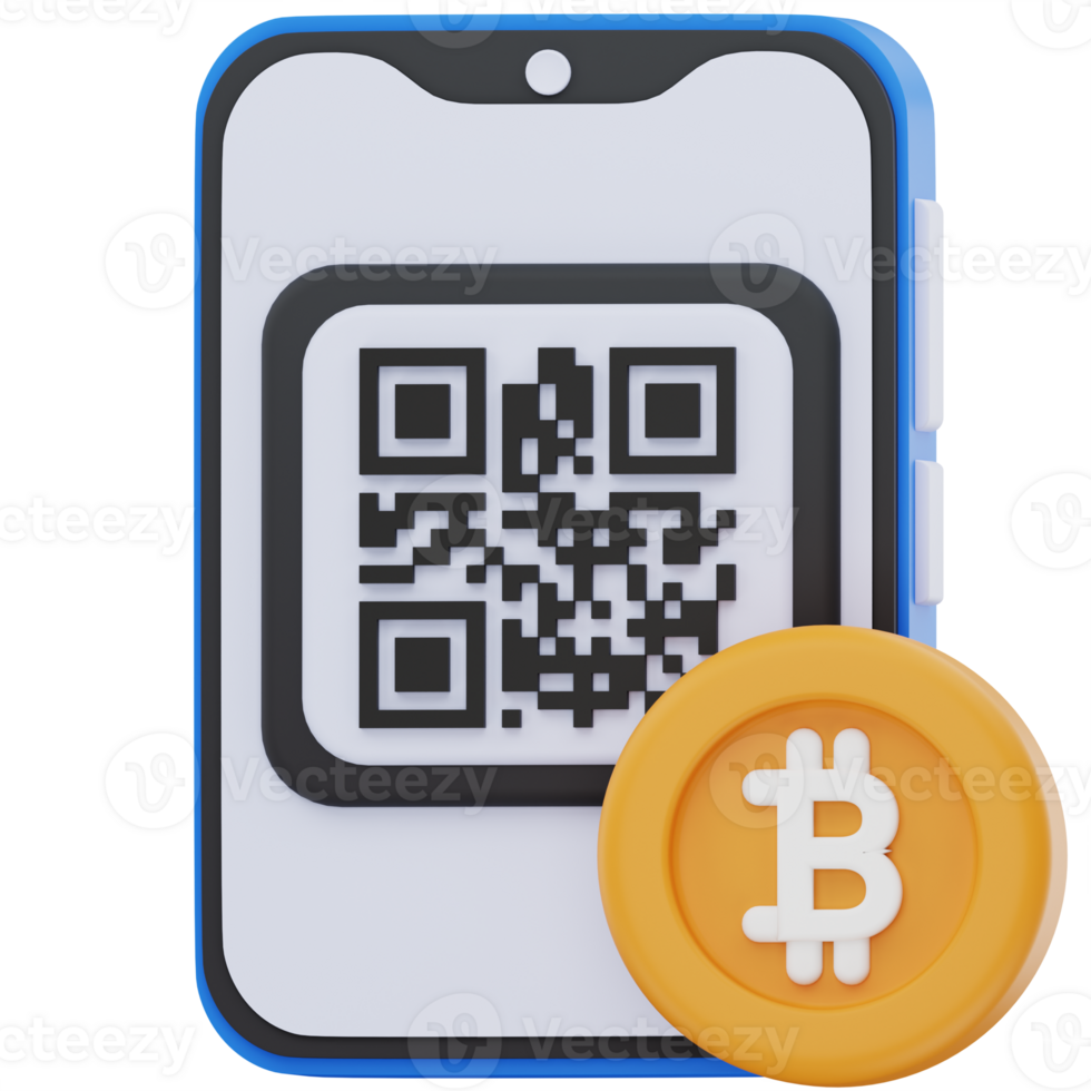 3D illustration of a smartphone displaying a QR code for cryptocurrency payment, with a Bitcoin symbol in the foreground, representing digital wallet transactions via mobile. png