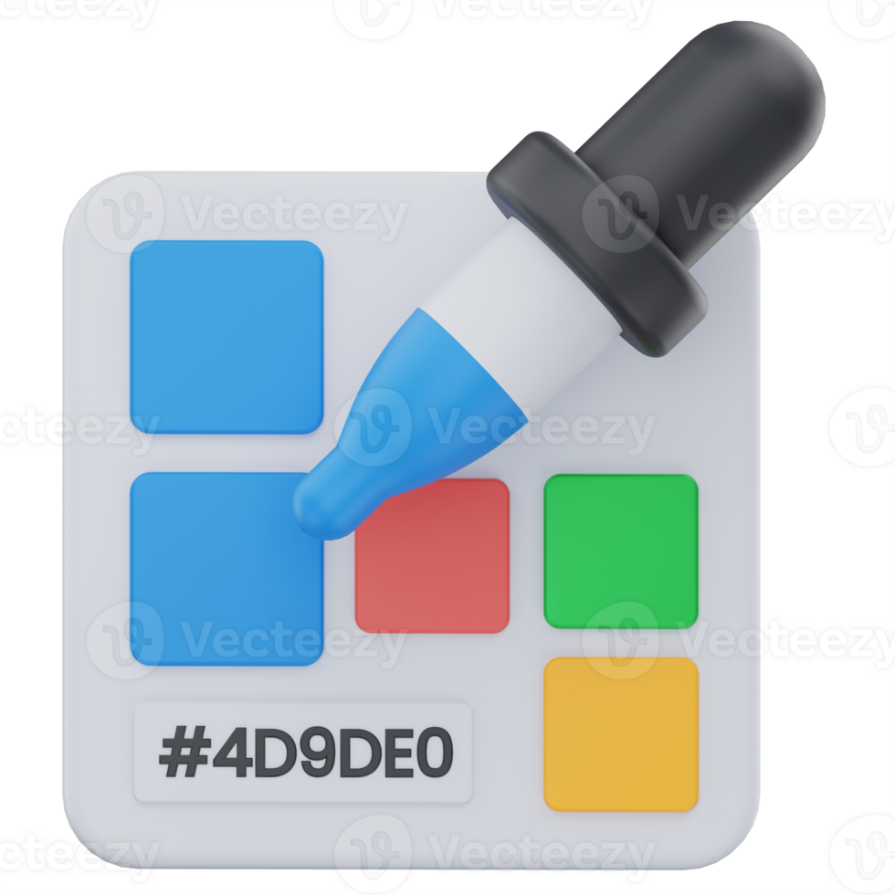 3D illustration of a color picker tool featuring a dropper, colorful swatches, and a hex code, representing UI design, digital art, and color selection in creative software. png