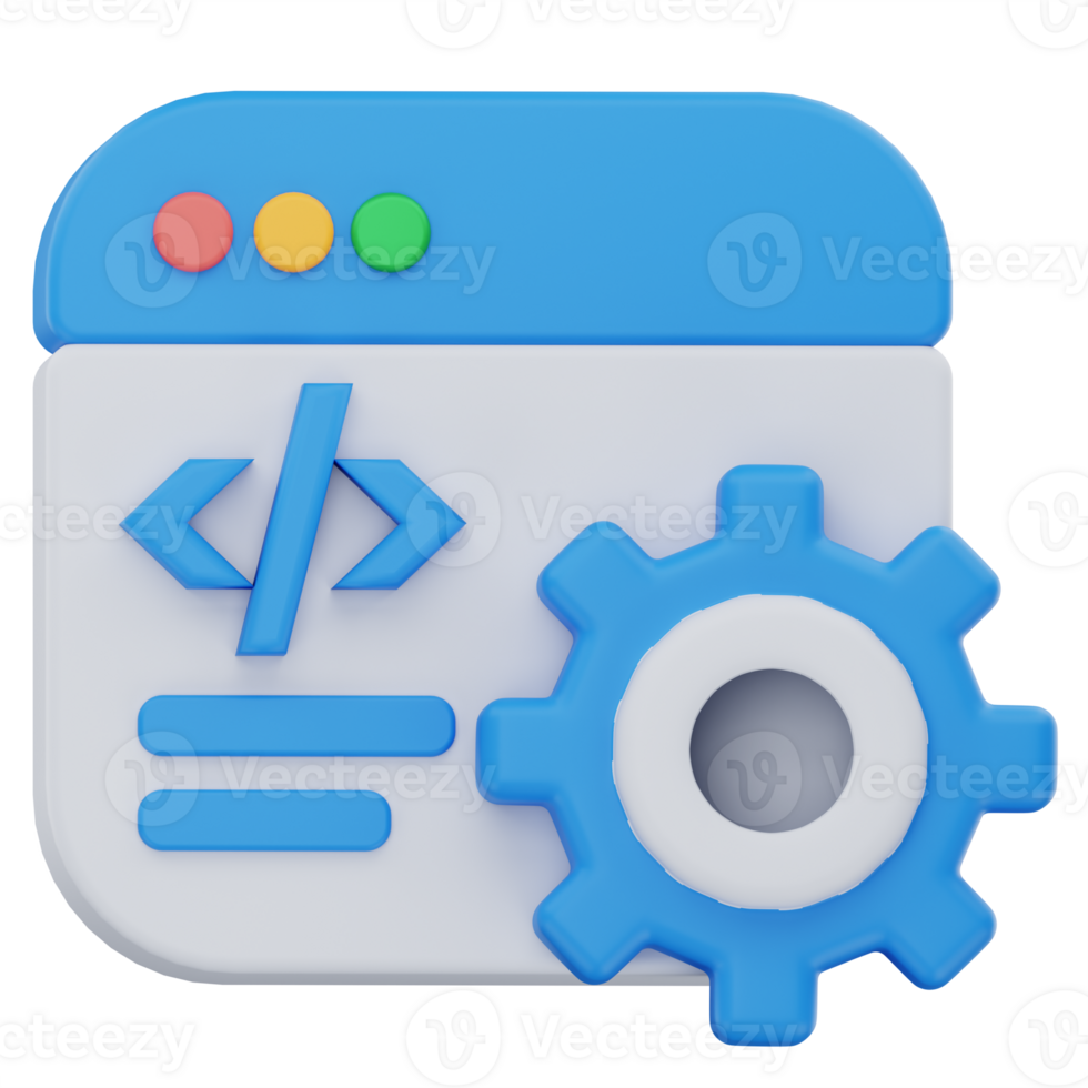 3D illustration of a web page with a gear icon and code brackets, symbolizing design settings, development customization, or frontend configuration in a clean, modern style. png