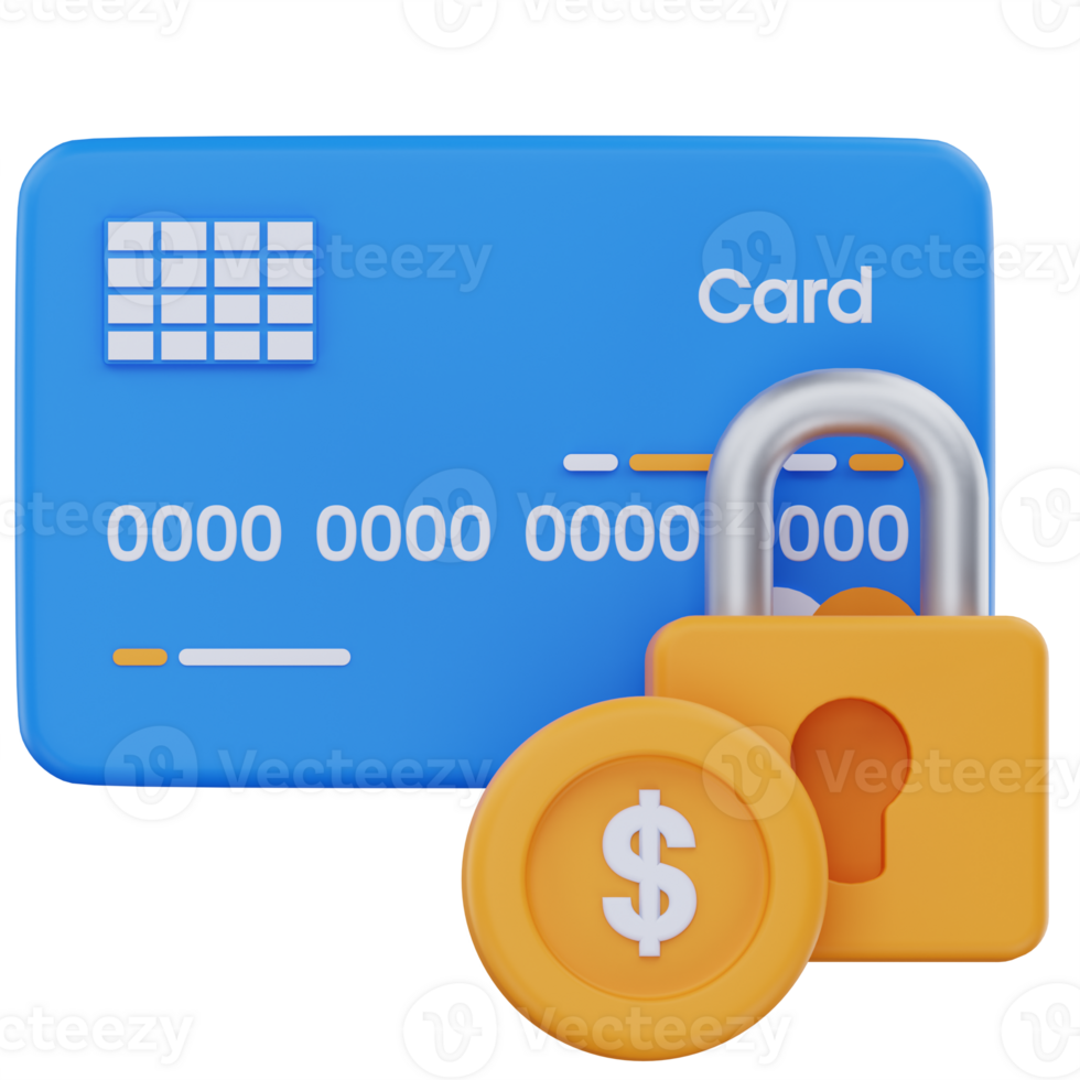 3D illustration of a blue credit card with a padlock and dollar coin, representing secure payments, data protection, and safe financial transactions in digital banking or e-commerce. png