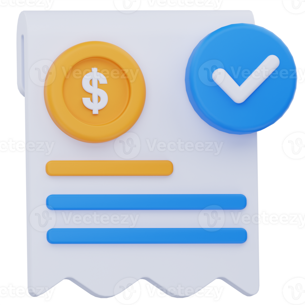 3D render of a bill or receipt icon with a dollar sign and a checkmark, in blue and yellow tones, representing a completed payment or successful transaction. png