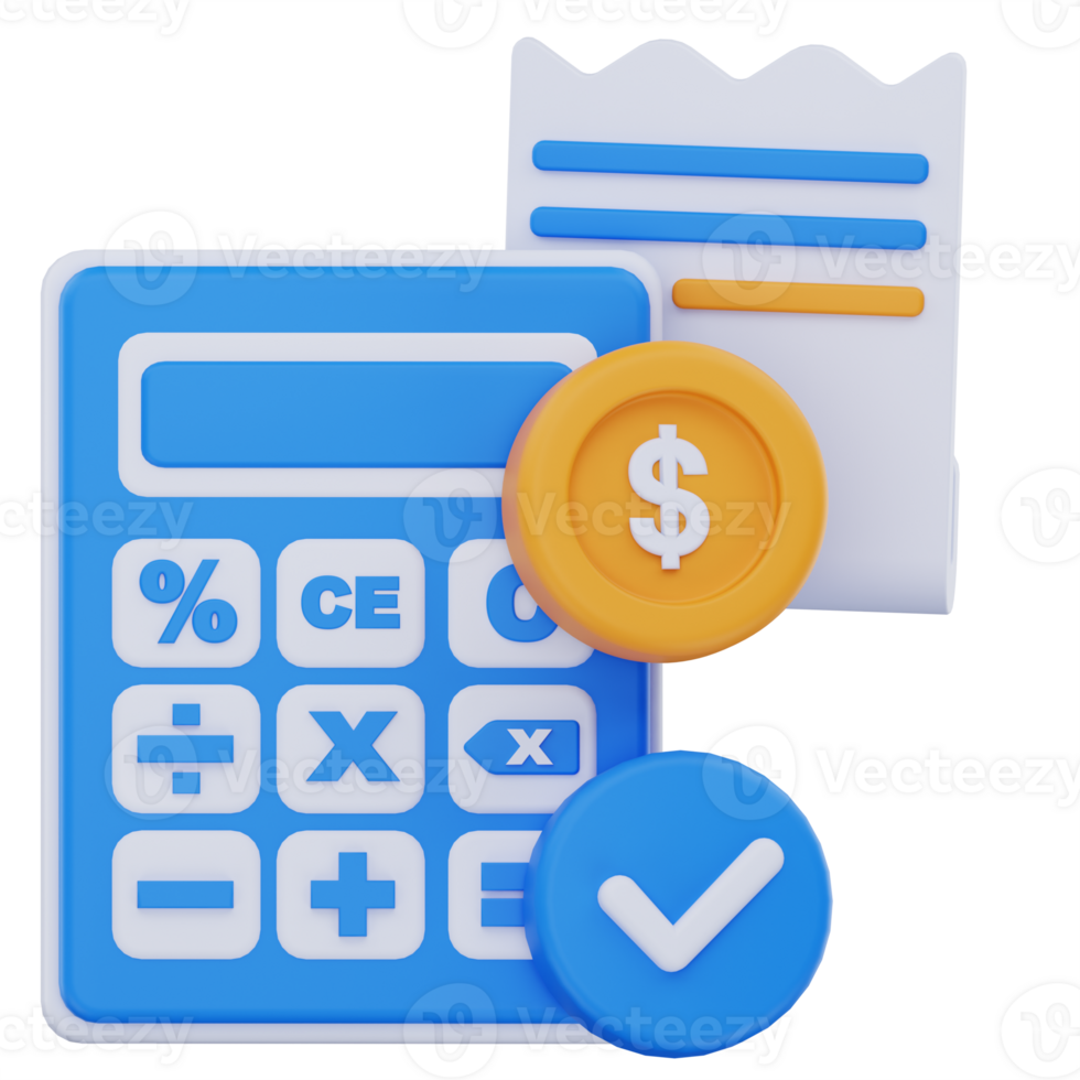 3D illustration of a calculator, receipt, dollar coin, and checkmark symbol, representing payment calculation, billing accuracy, and financial verification in a digital context. png