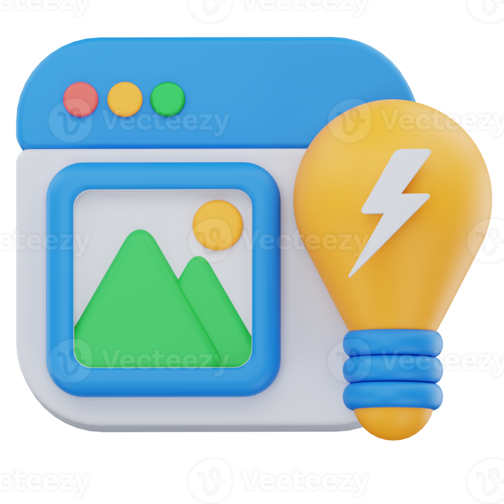 3D illustration of a web browser window displaying an image icon alongside a glowing lightbulb with a lightning bolt, representing creative inspiration and visual ideation. png