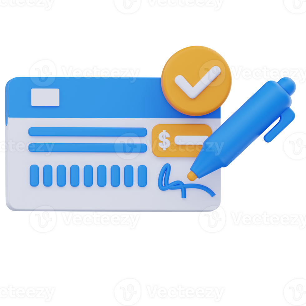 3D illustration of a blue and white bank cheque with a dollar symbol, signature, and pen, accompanied by a yellow checkmark icon, symbolizing payment approval or transaction completion. png