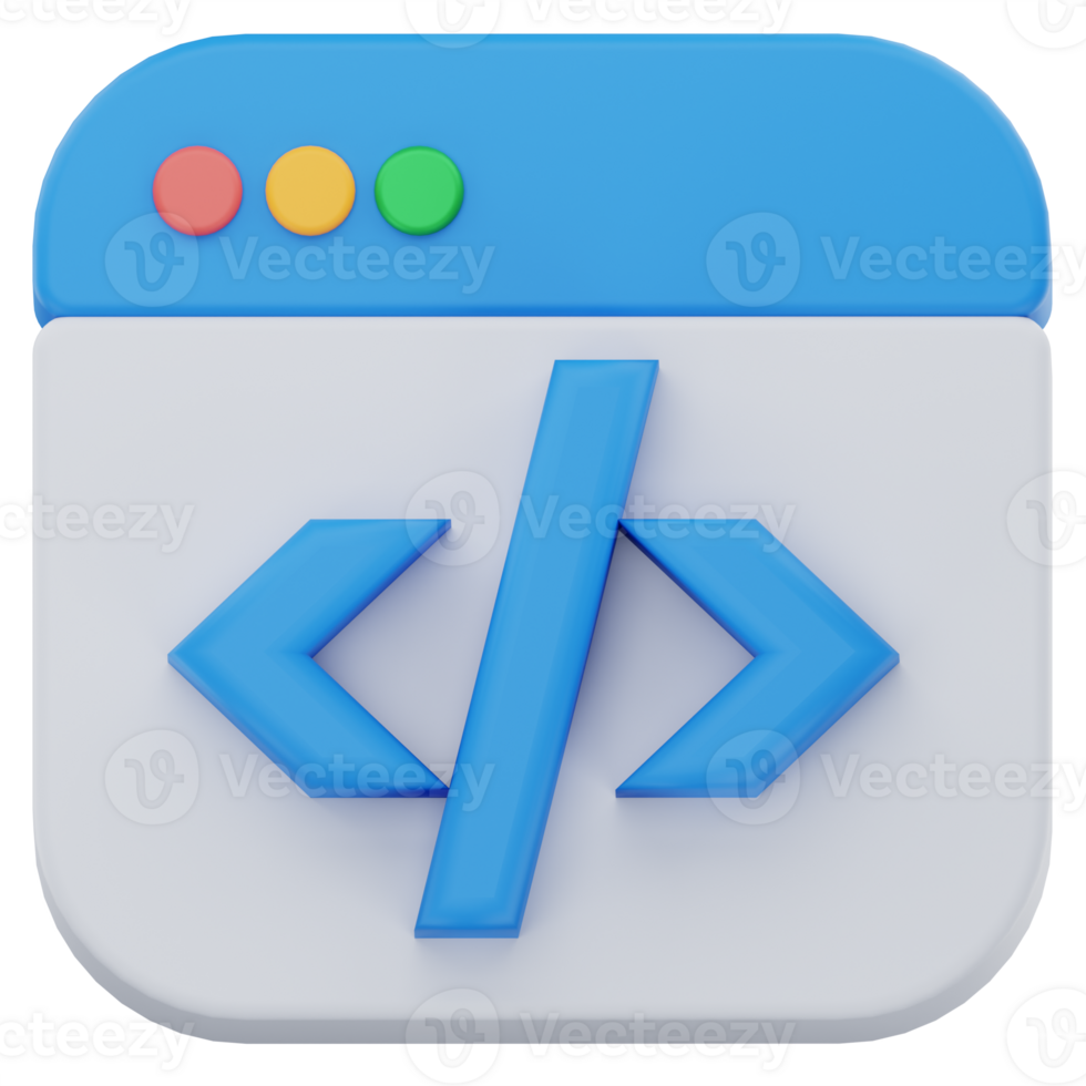 3D illustration of a browser window featuring blue HTML code brackets, symbolizing web development, coding, and software engineering in a clean and minimal digital interface. png