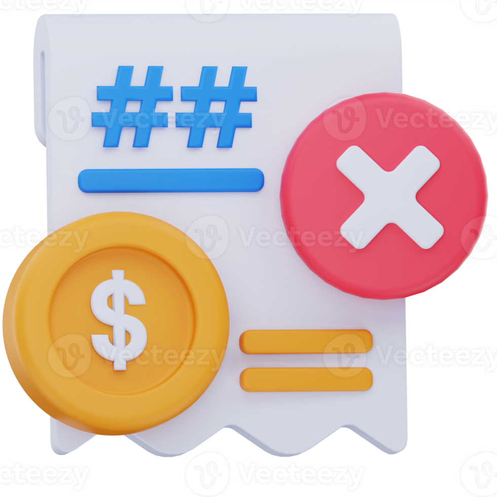 3D illustration of a receipt with a red error icon, dollar coin, and blue symbols, representing a failed payment, billing issue, or transaction error in a digital finance system. png