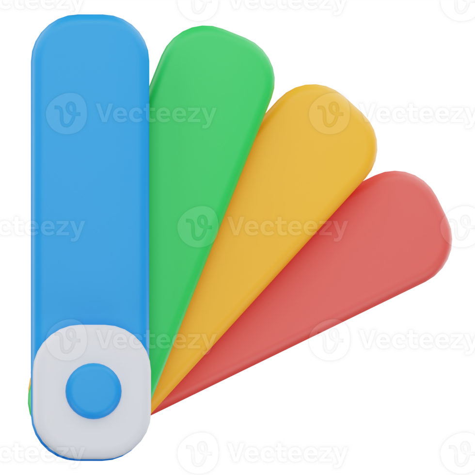 3D illustration of a fan-shaped color swatch palette with blue, green, yellow, and red tabs, representing design choices, branding, or UI theme customization. png