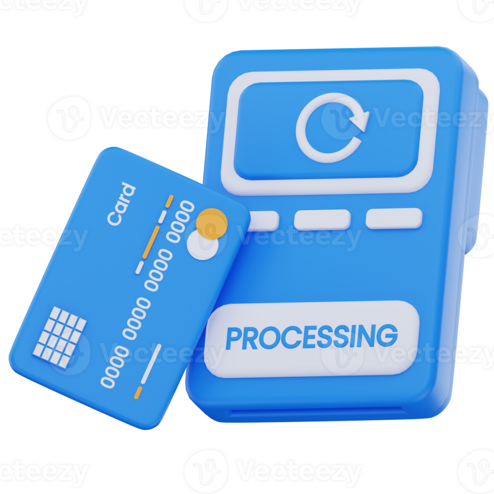 3D illustration of a credit card and point-of-sale terminal with a message and circular loading icon, symbolizing an ongoing digital payment transaction. png