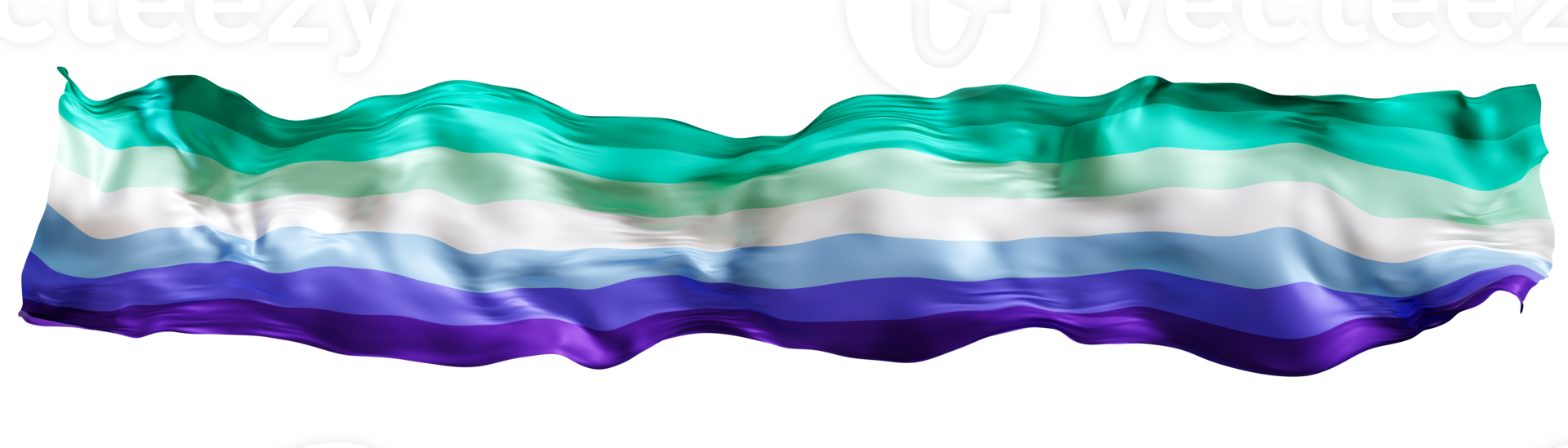 Flag representing Gay Men Pride features vibrant horizontal stripes that include shades of green, blue, white, and purple. Isolated on transparent background. Panoramic element, footer or header. 3D. png