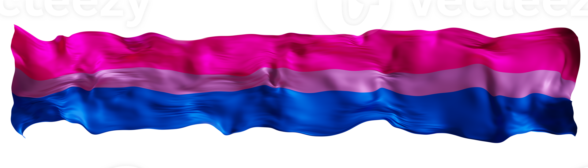 The Bisexual Pride Flag features vibrant design with pink, purple, and blue horizontal stripes representing bisexual identities. Isolated on transparent background. Panoramic element, footer or header png