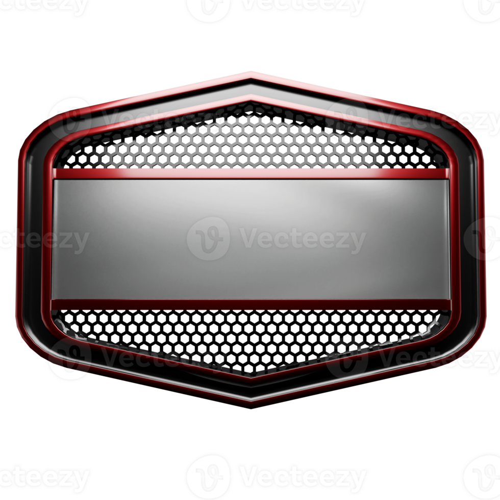 Industrial metallic emblem with a red frame and hexagonal grid, space for name png