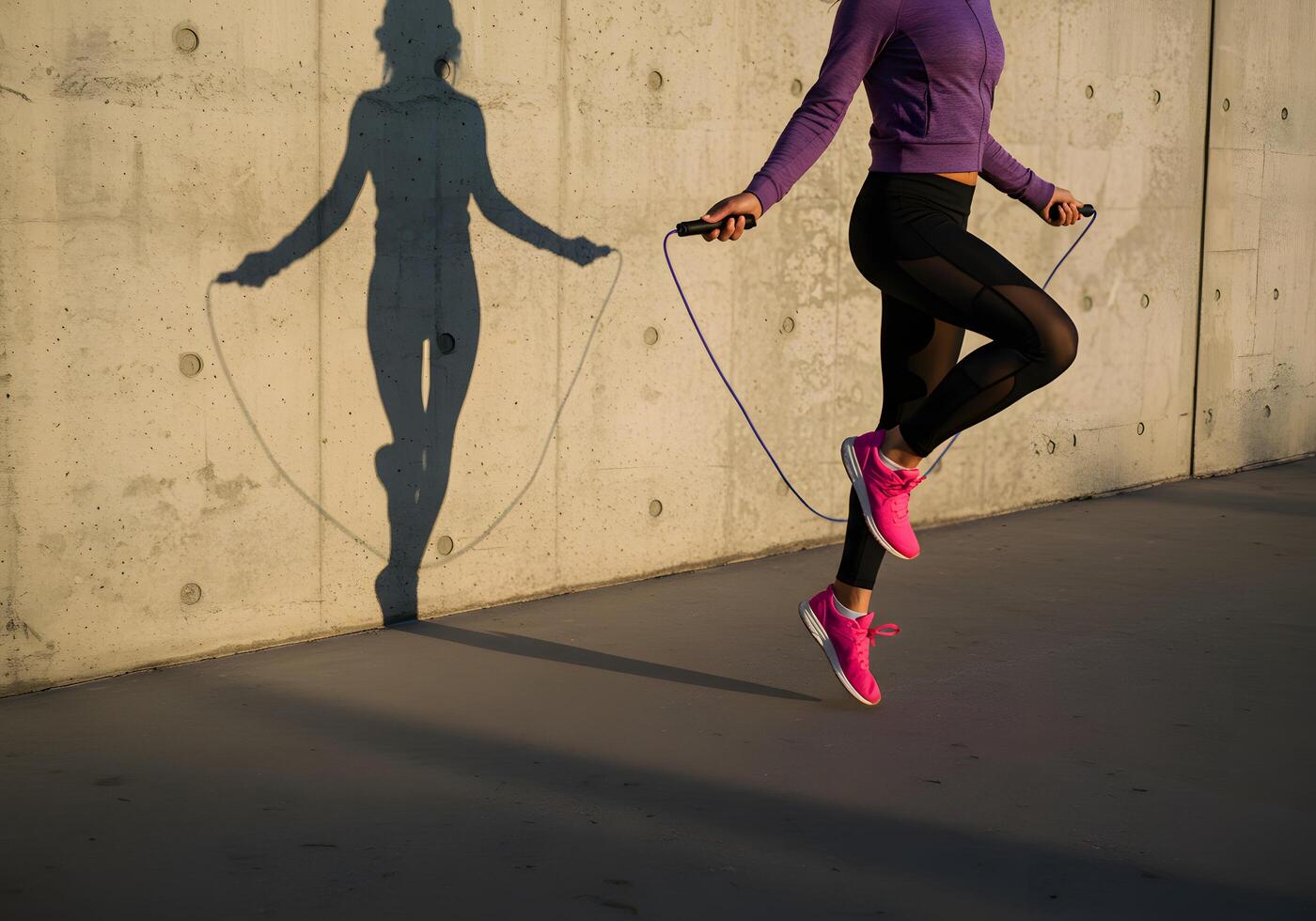 a woman is jumping with a skipping rope photo