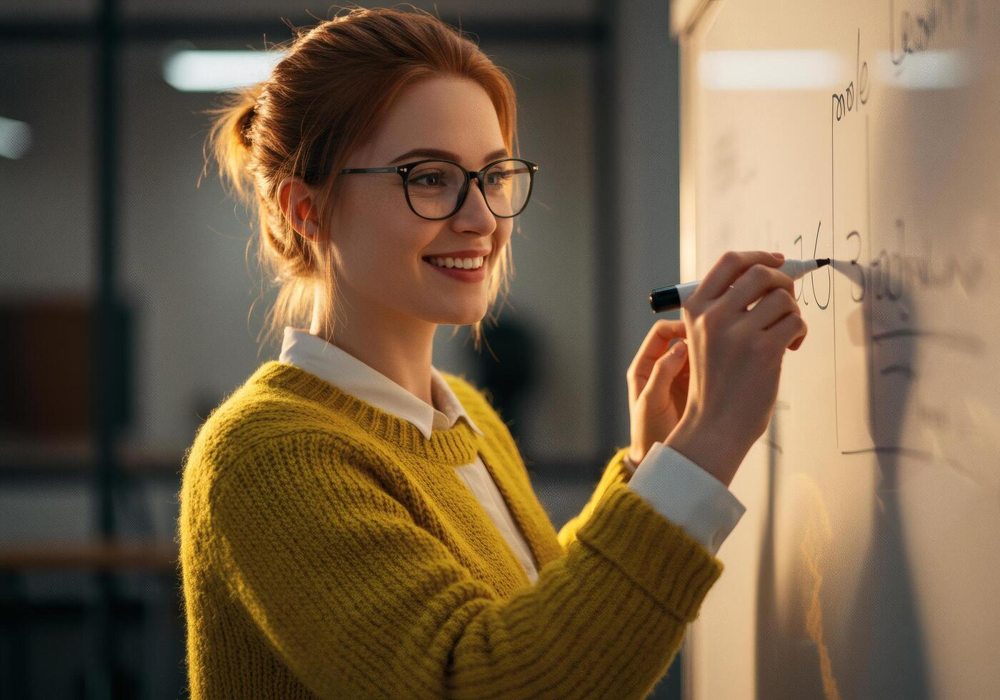 Woman writing on whiteboard photo
