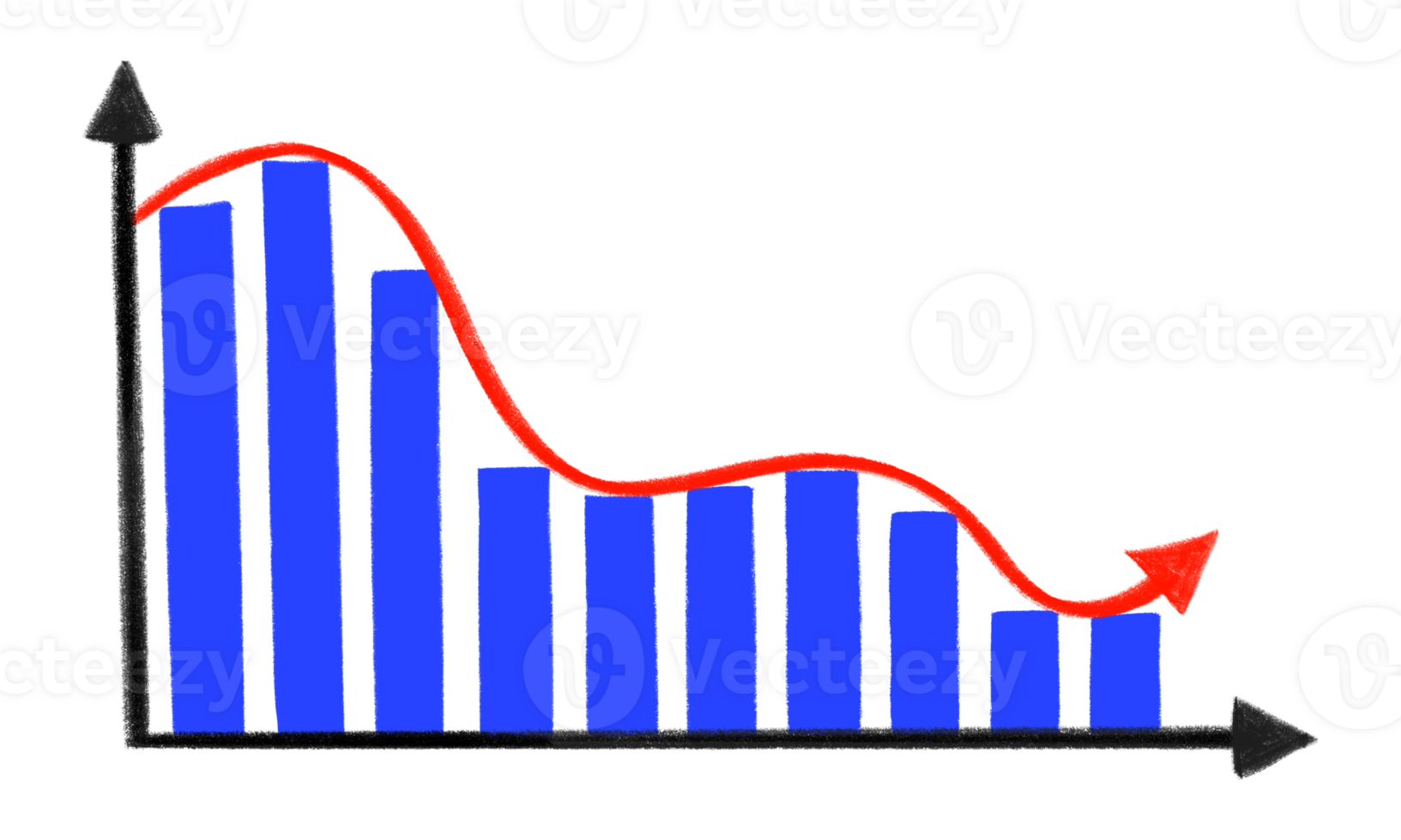 Decreasing and downward statistic graph on transparent background. Bar chart illustration element. png