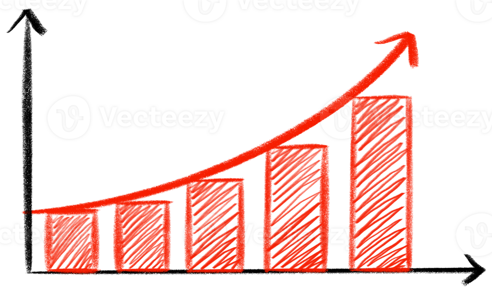 Rising statistics illustration on transparent background. Hand drawn bar chart with red arrow. png