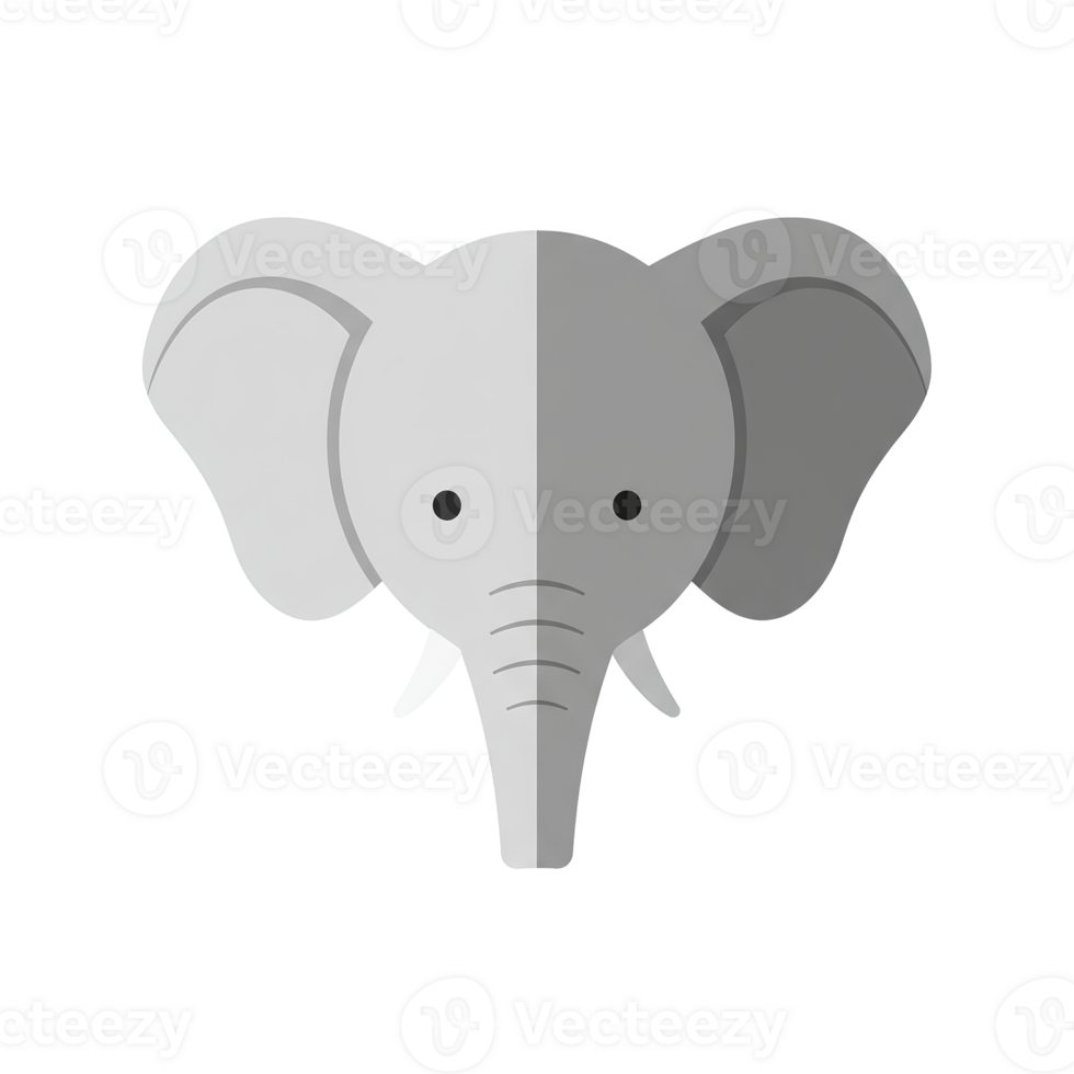 Symmetrical gray elephant head illustration with a flat twotone design and subtle paper texture. png