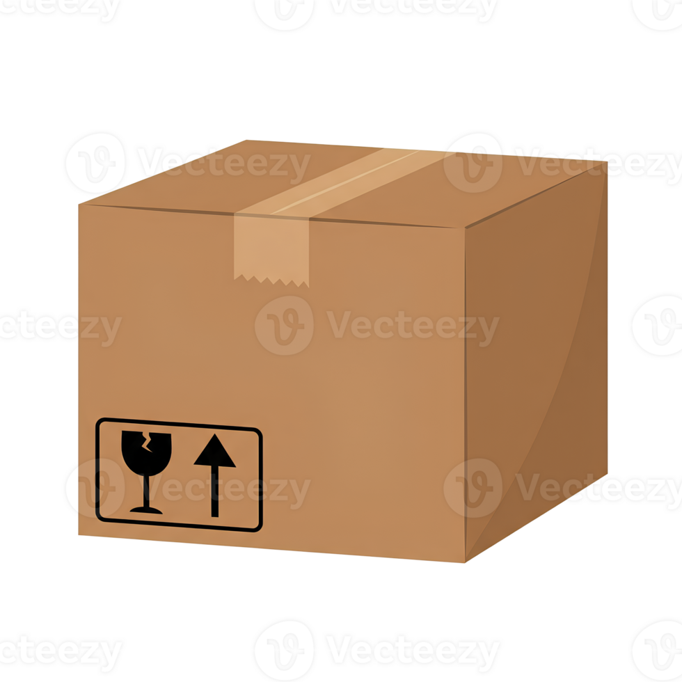Brown Cardboard Box with Fragile Handling Symbol and Tape. png