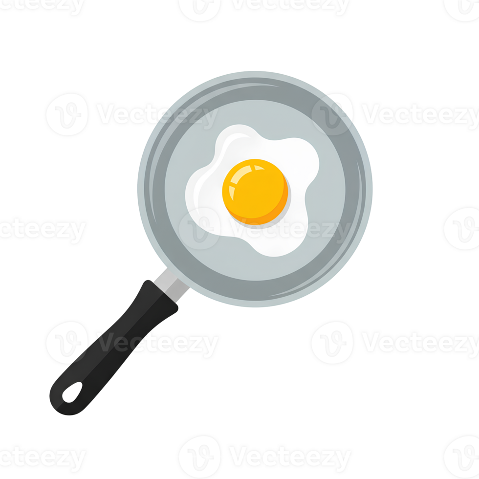 Sunnyside up fried egg with a glossy yolk cooking in a grey frying pan with a black handle top view illustration. png