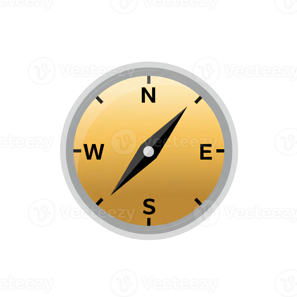 Classic Round Compass with Golden Dial and Black Needle. png