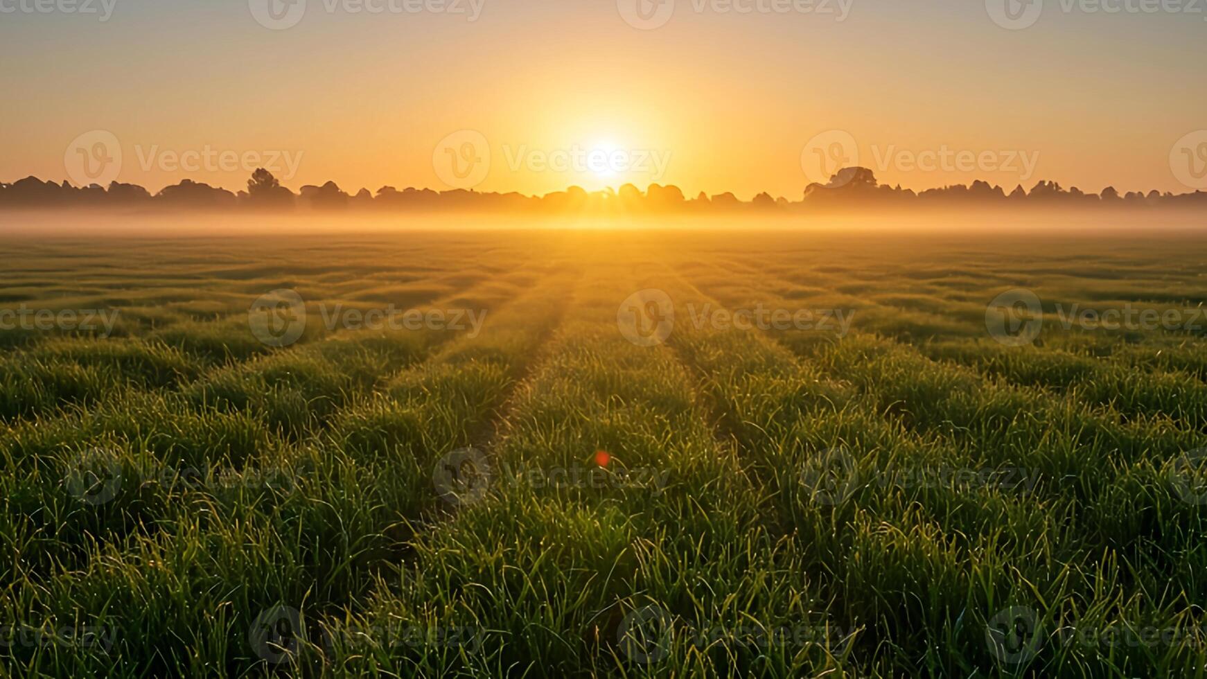 Beautiful Sunrise over Green Agricultural Field with Morning Mist photo