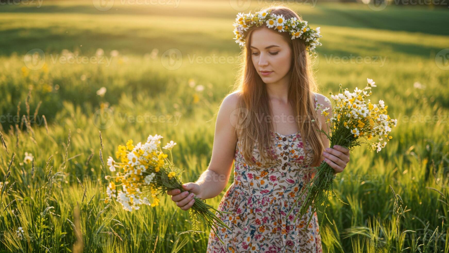 Young Woman with Flower Crown in Golden Hour Field Holding Wildflowers photo
