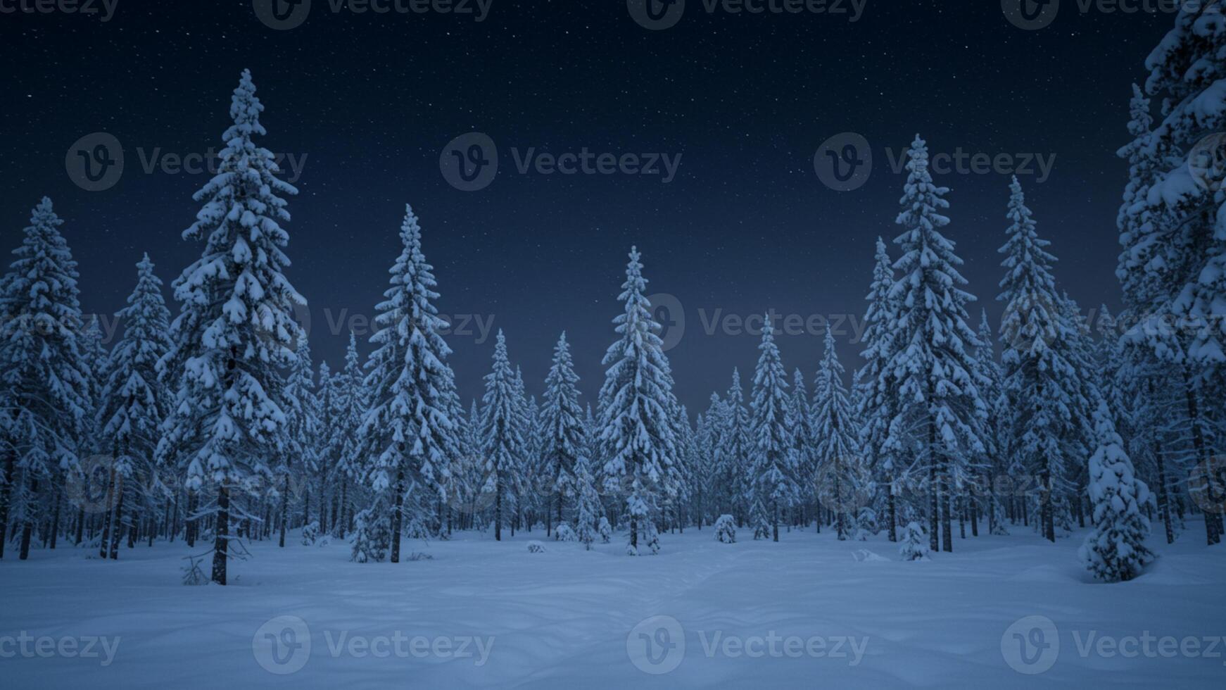 Serene Winter Night Landscape Snow Covered Pine Trees Forest photo