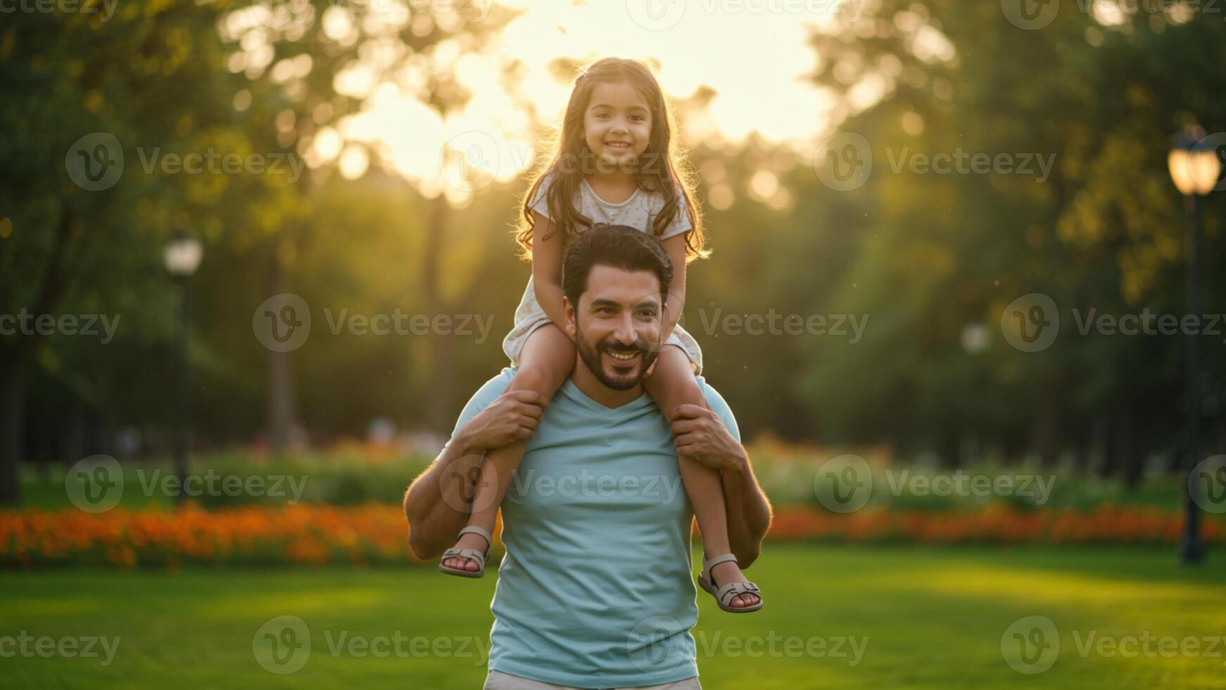 Happy father carrying daughter on shoulders in sunny park at sunset photo