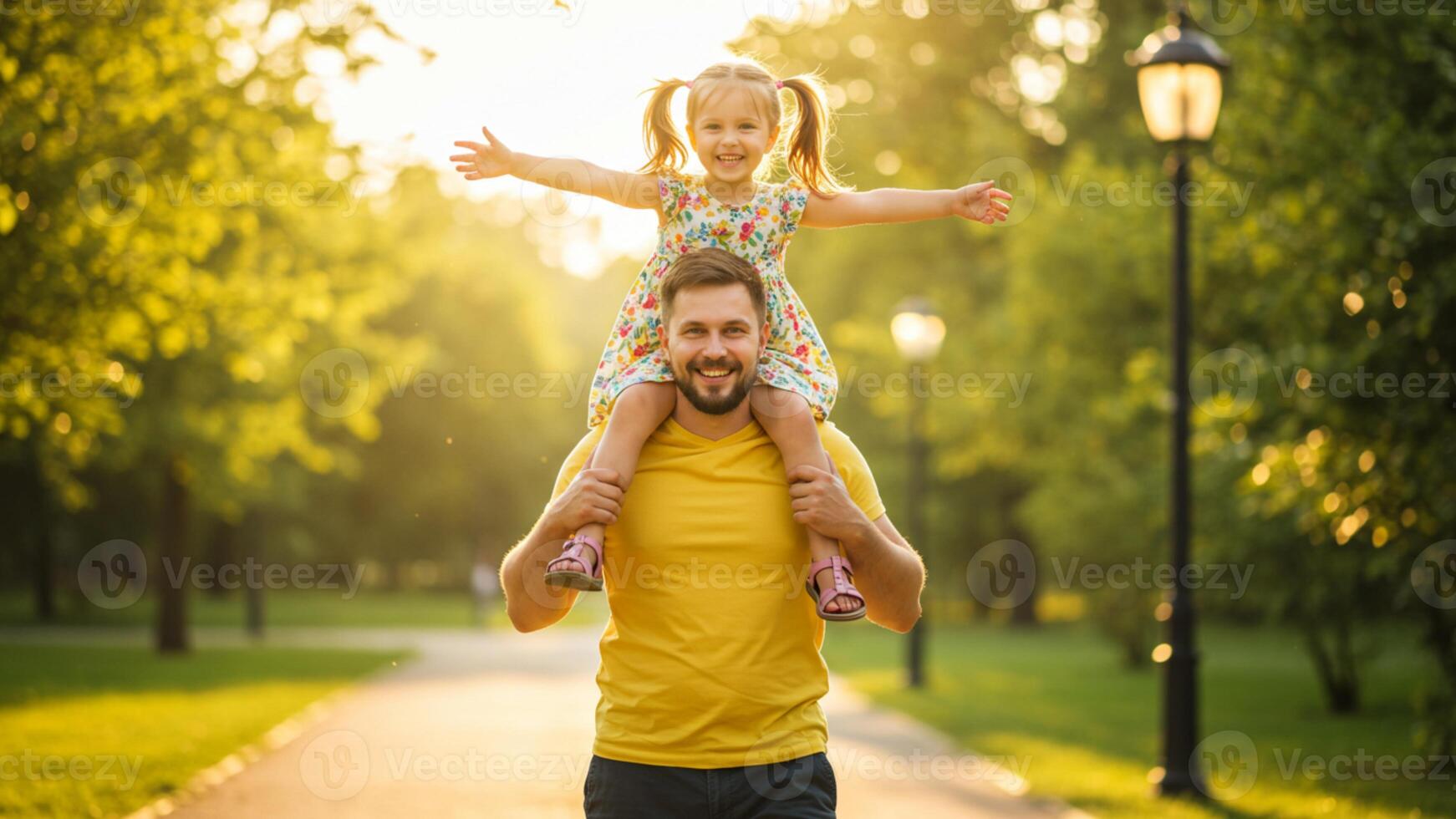 Happy father carrying daughter on shoulders in sunny park photo