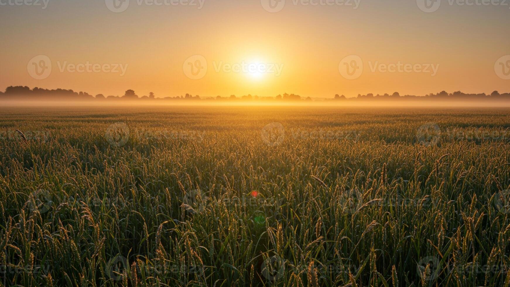 Golden Sunrise Over a Vast Green Agricultural Field with Morning Mist photo
