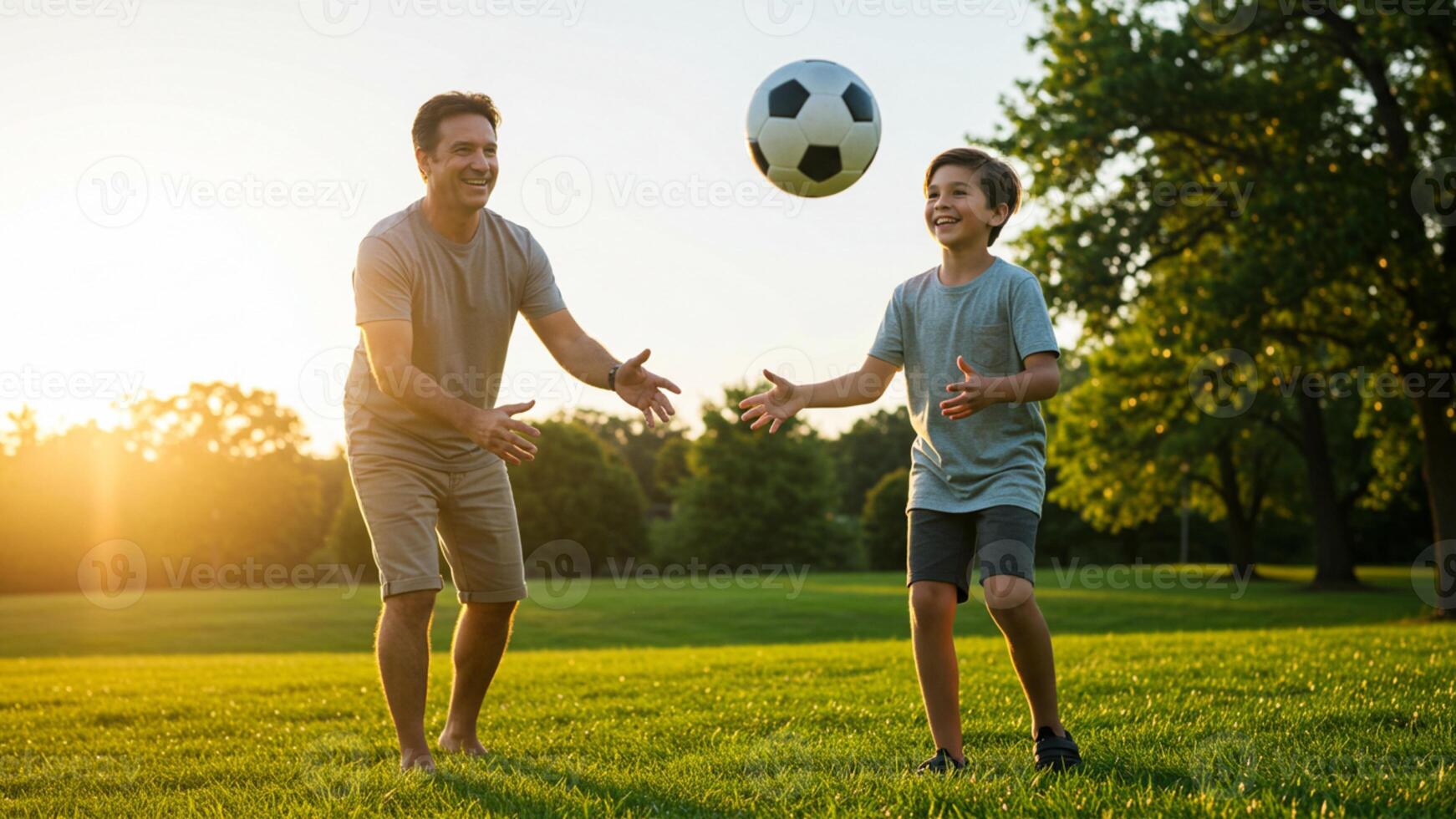 Happy father and son playing soccer in park at sunset enjoying outdoor sport photo