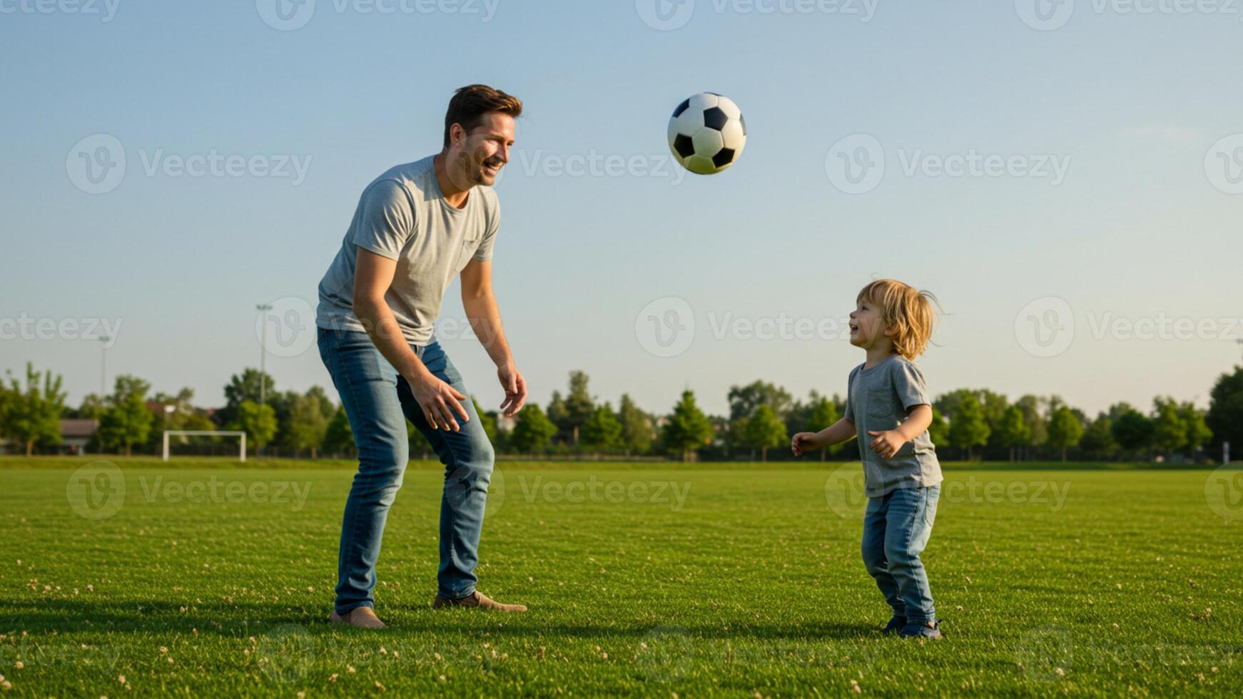 Father and son playing soccer on green field having fun outdoors photo