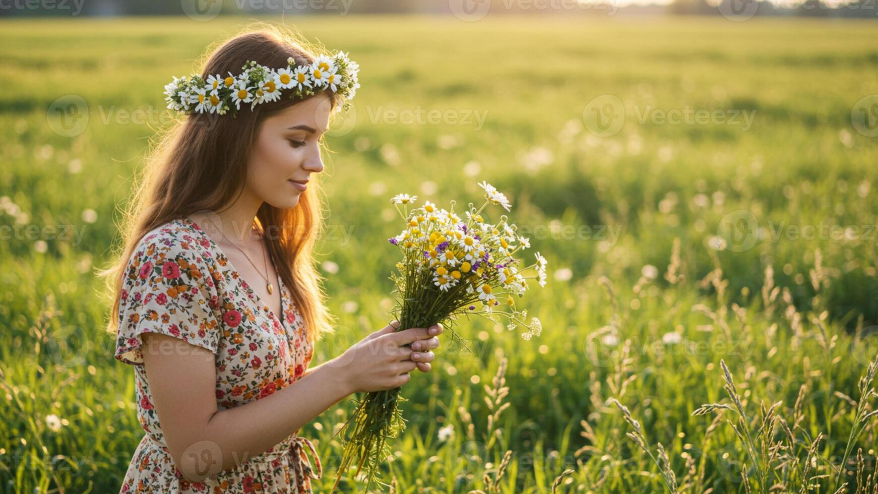 Young woman with flower crown holding bouquet in a sunny summer field photo