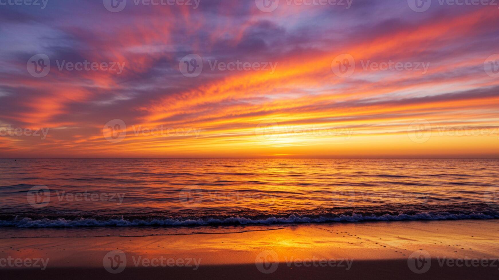 Stunning ocean sunset with vibrant orange and purple sky over calm waves photo
