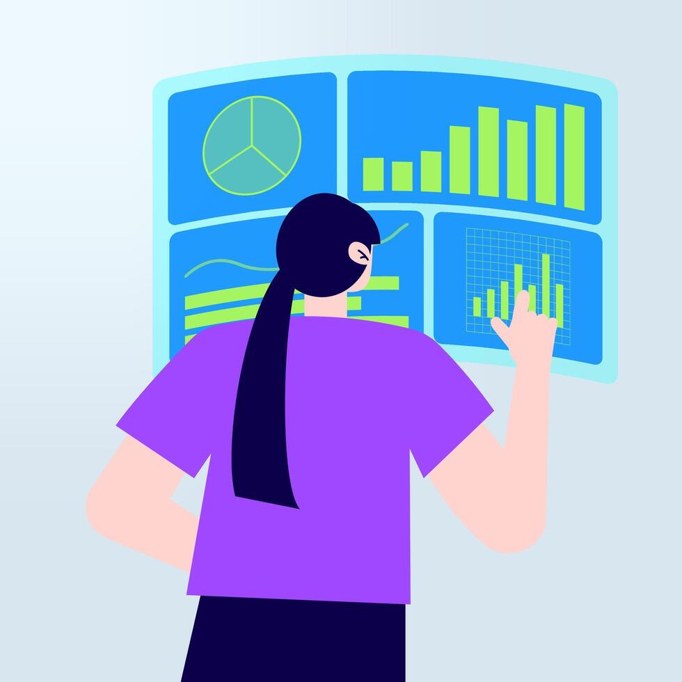 Data Analysis and Visualization Woman Interacting with Charts and Graphs vector