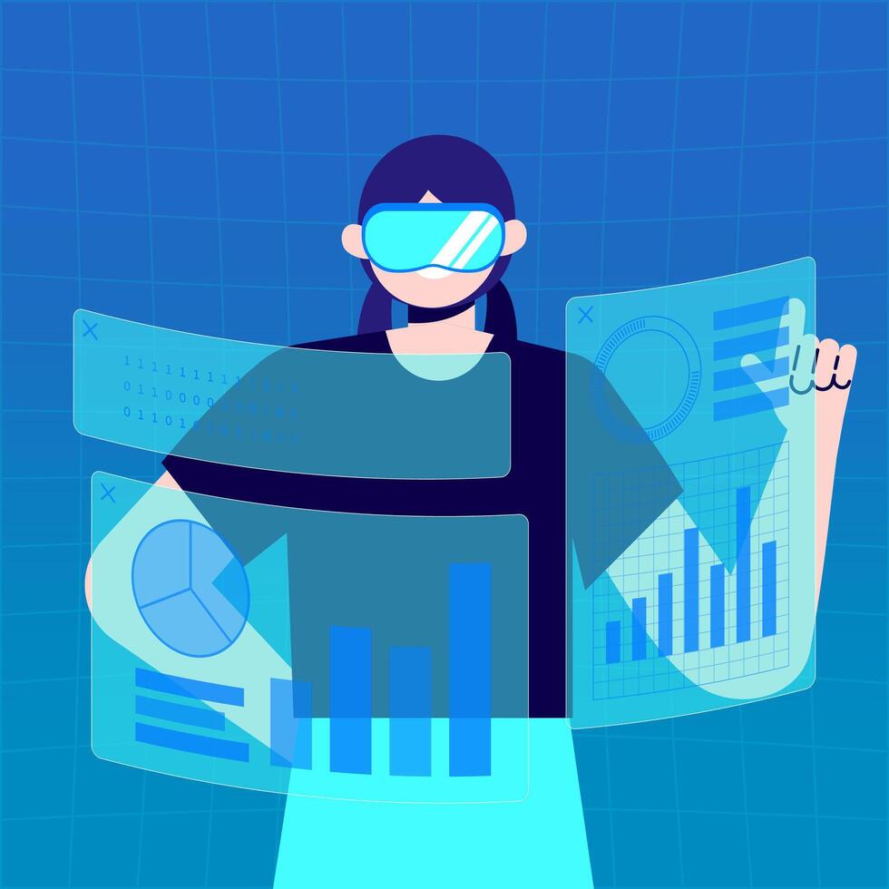 Virtual Reality Work Character Illustration Tech Worker Using VR Headset Office Futuristic vector