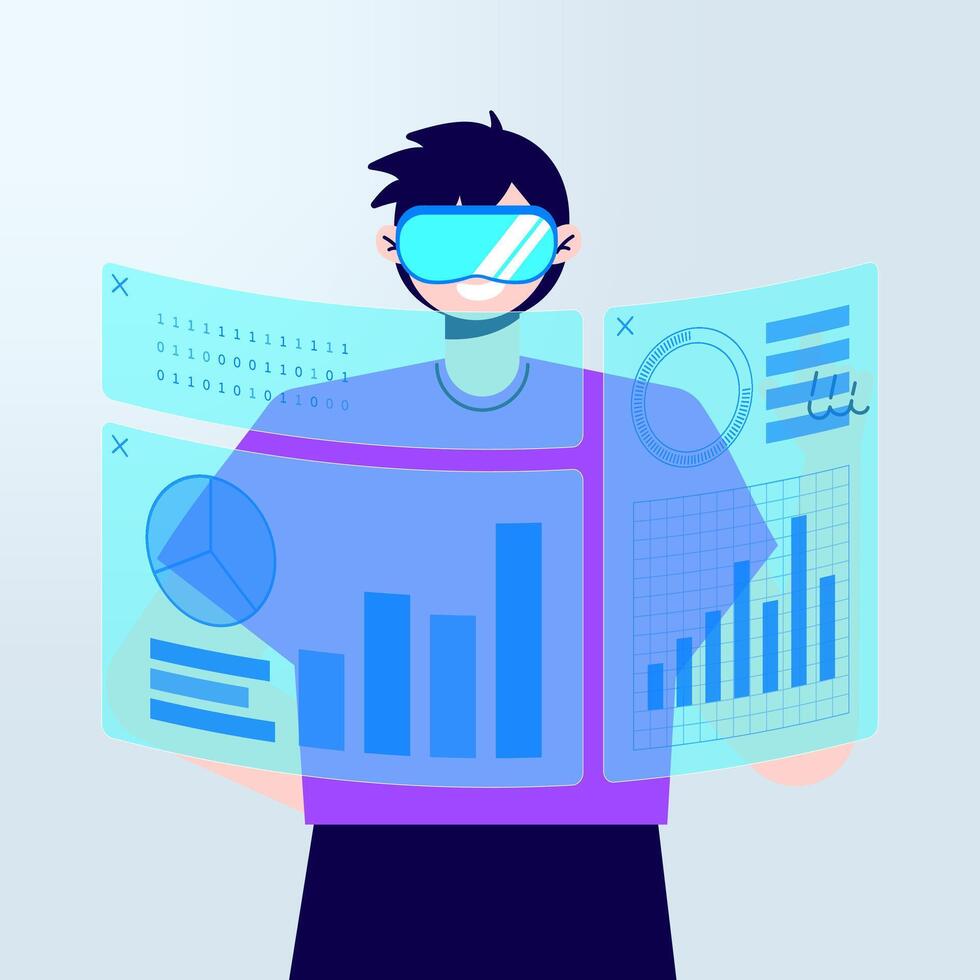 Virtual Reality Work Character Illustration Tech data Worker Using VR Headset for Office Futuristic vector