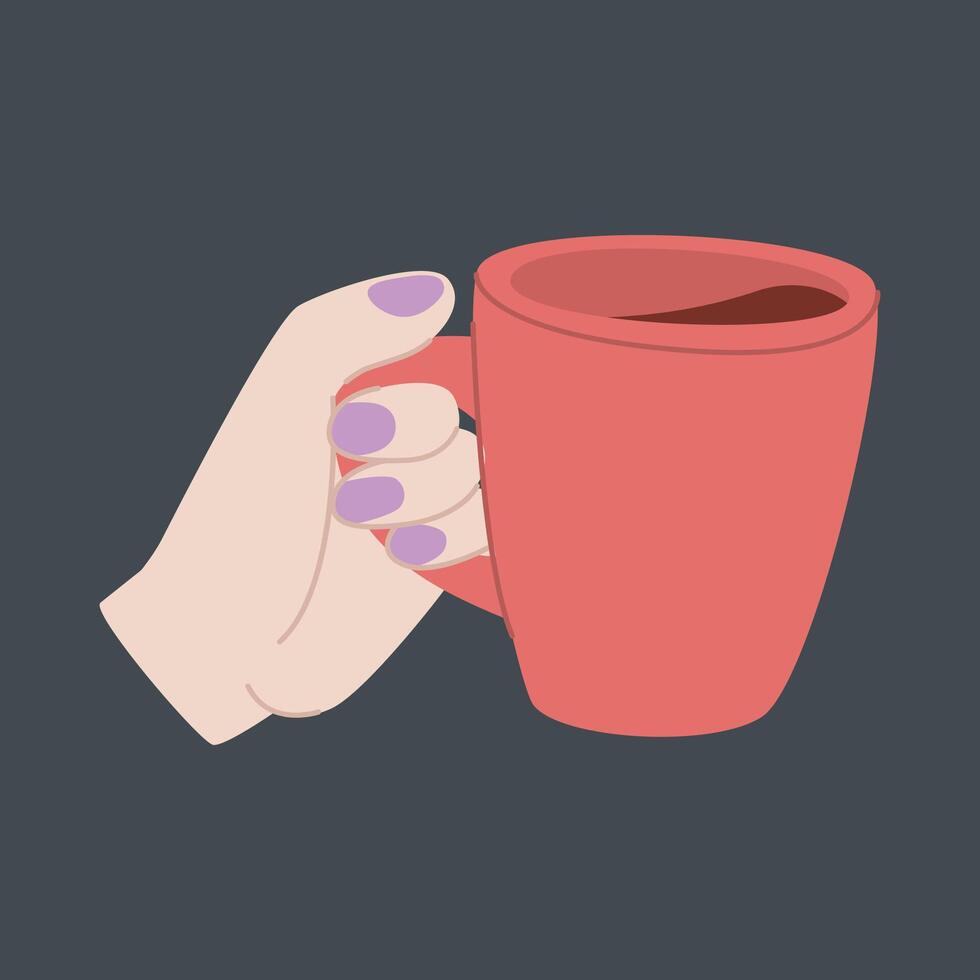 a hand with purple nails holding a red cup or mug flat design illustration vector