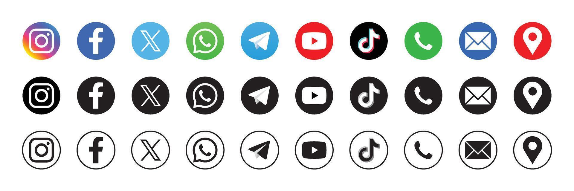 Latest updated social network icons and contact logo set 2025. Instagram, Facebook, WhatsApp, X, YouTube, Phone, Email, Location, map. vector