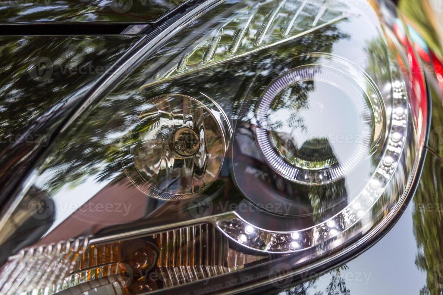 A close up of a car's headlight photo