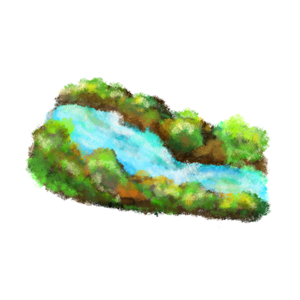 A light blue river meandering through lush greenery isolated illustration png